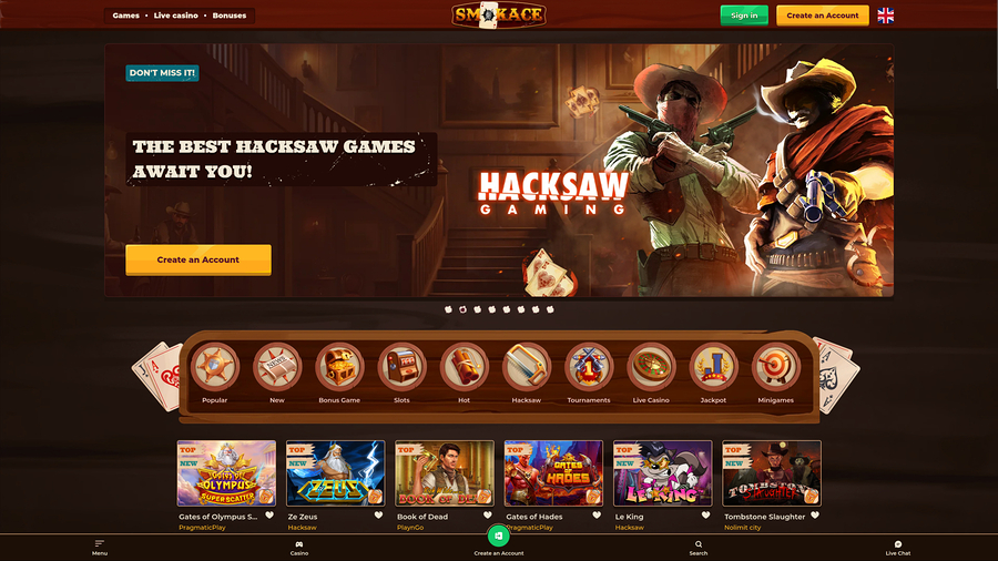 Página de inicio de escritorio de SmokAce Casino