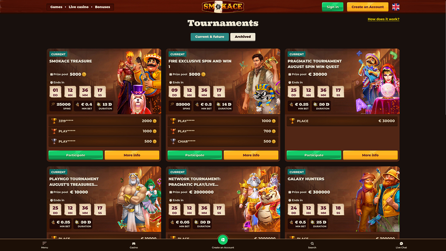Torneos de escritorio de SmokAce Casino