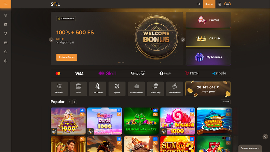 Sol Casino Desktop Homepage