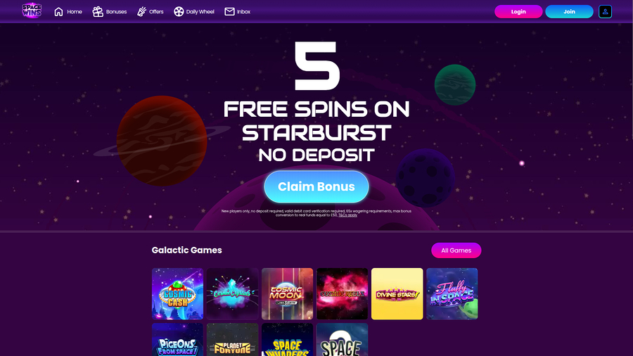 Space Wins Casino Desktop Homepage