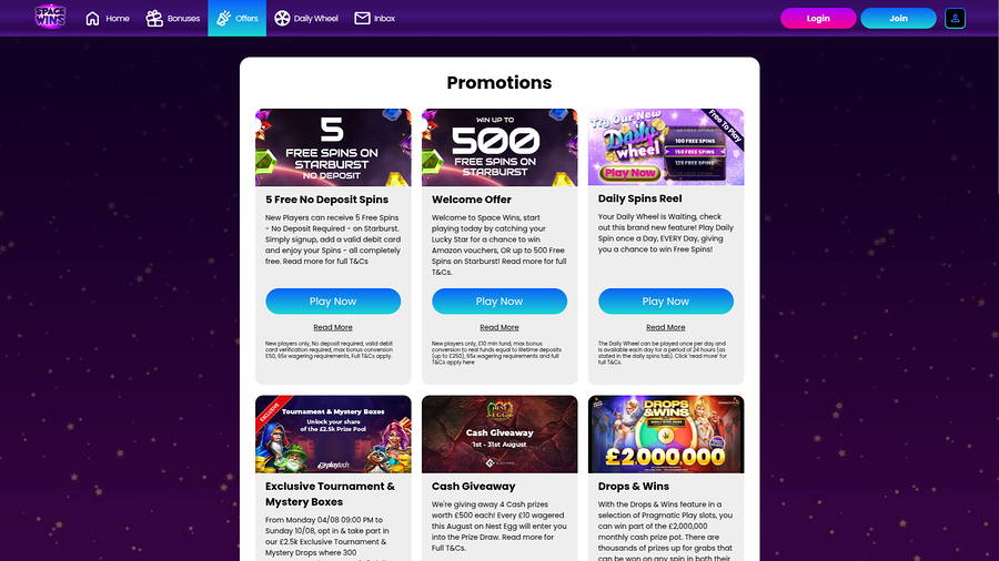 Space Wins Casino Desktop Promotions