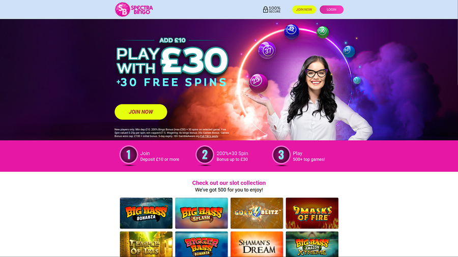 Spectra Bingo Casino Desktop Homepage