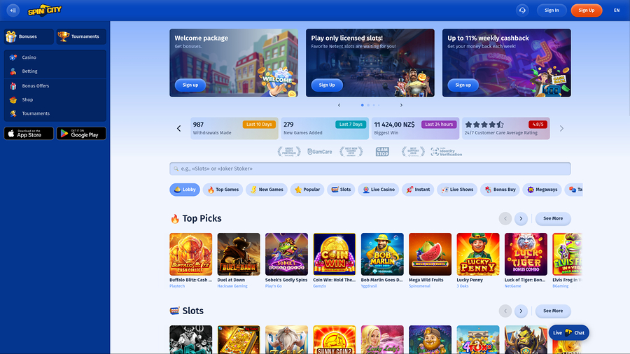 Spin City Casino Desktop Homepage