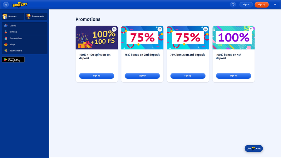 Spin City Casino Desktop Promotions