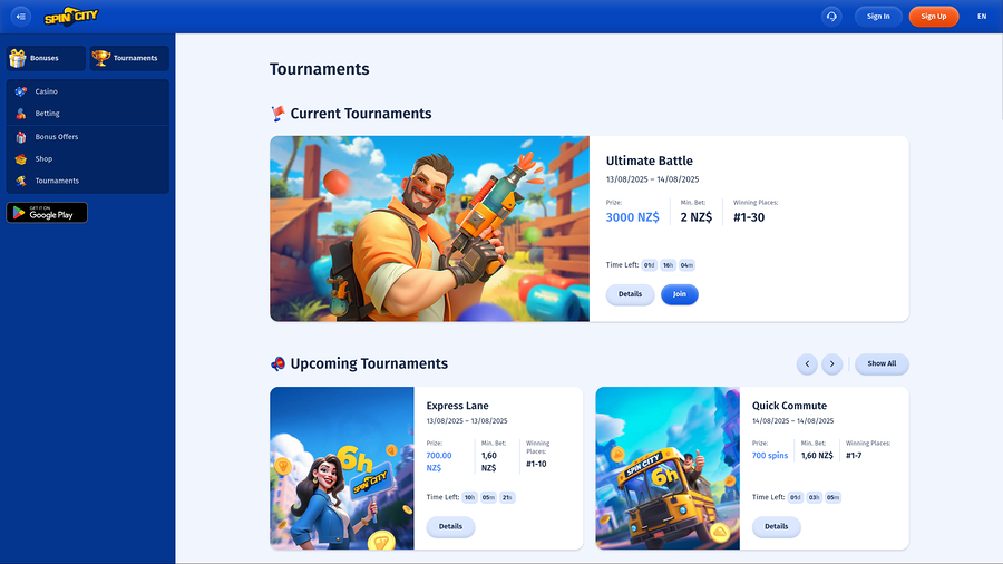 Spin City Casino Desktop Tournaments