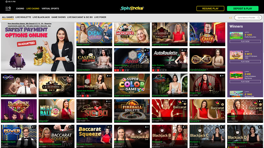 Spin Shake Casino Desktop Live Dealer