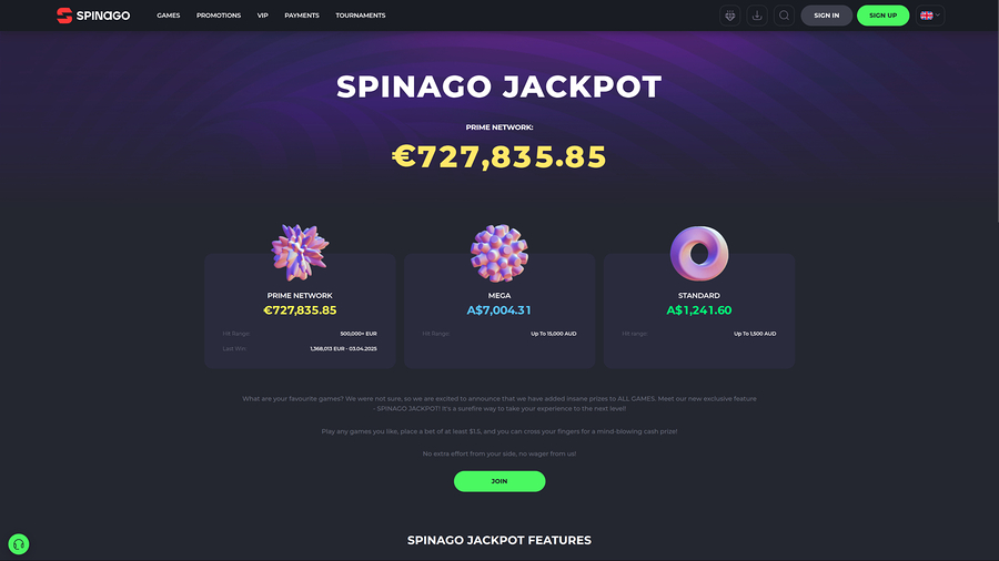 Spinago Casino Desktop Jackpot