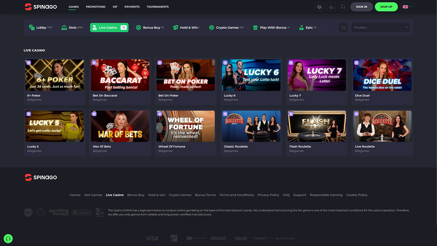 Spinago Casino Desktop Live Dealer
