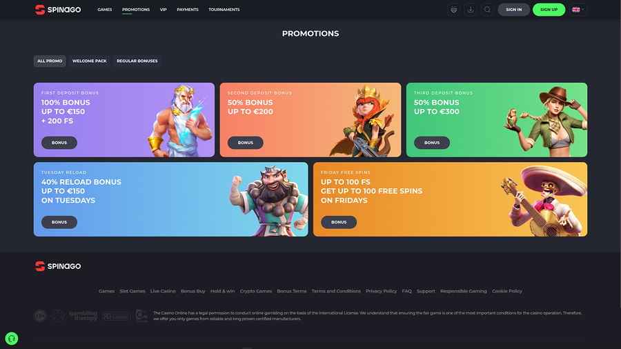 Spinago Casino Desktop Promotions