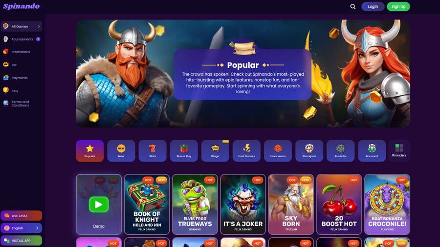 Games page screenshot of Spinando Casino