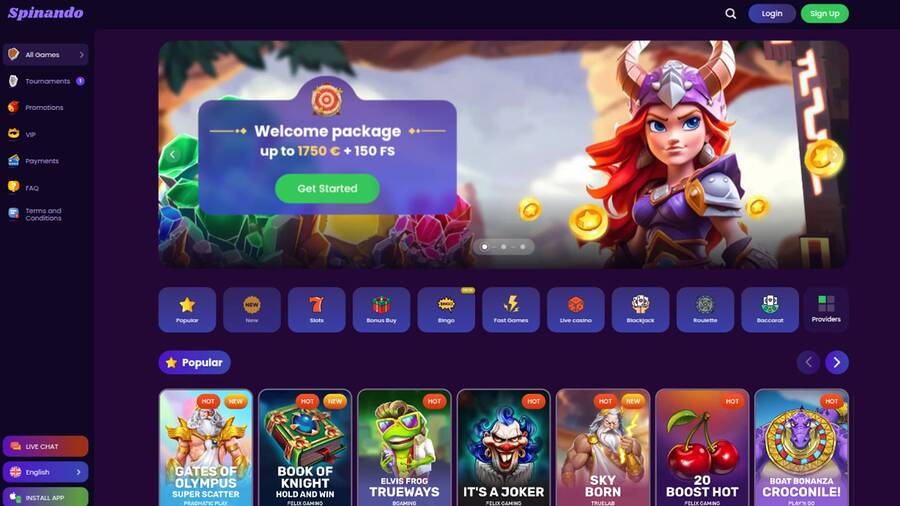 Homepage screenshot of Spinando Casino