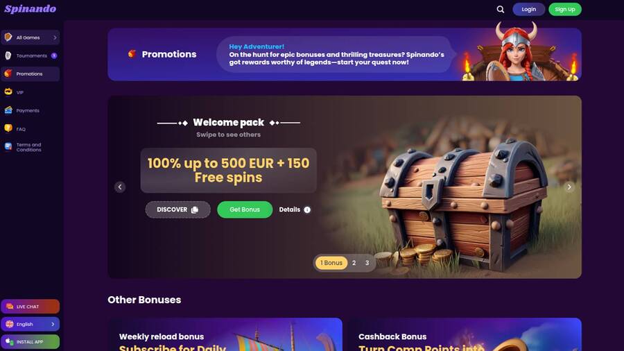 Promotions page screenshot of Spinando Casino