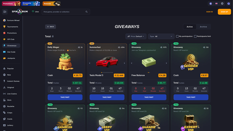 Sorteos de escritorio de Spinarium Casino