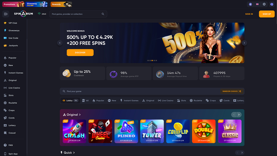 Página de inicio de escritorio de Spinarium Casino