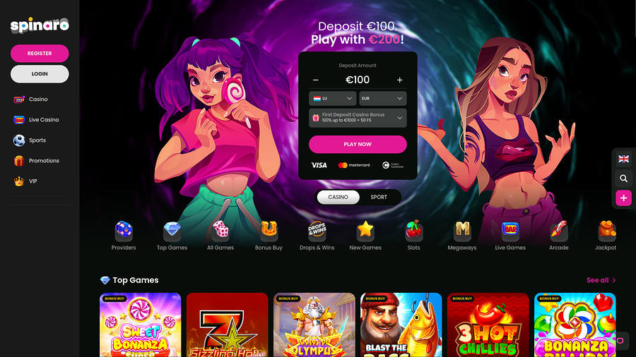 Spinaro Casino Desktop Homepage