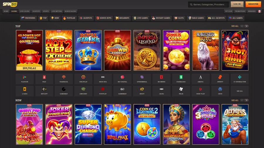 Games page screenshot of Spinboss Casino