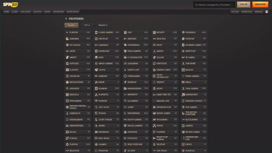 Providers page screenshot of Spinboss Casino