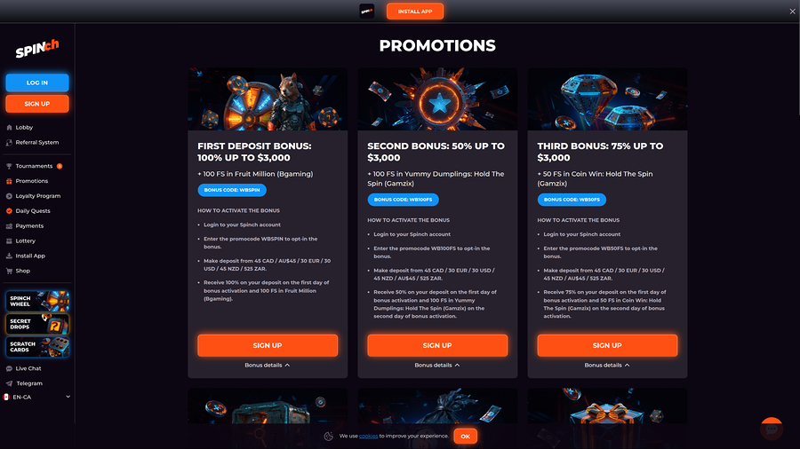 Spinch Casino Desktop Promotions