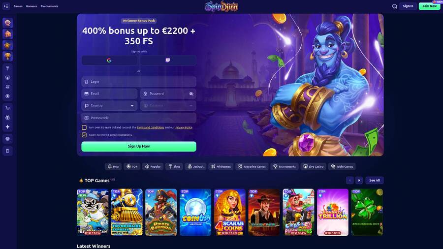 Página de inicio de escritorio del casino SpinDjinn