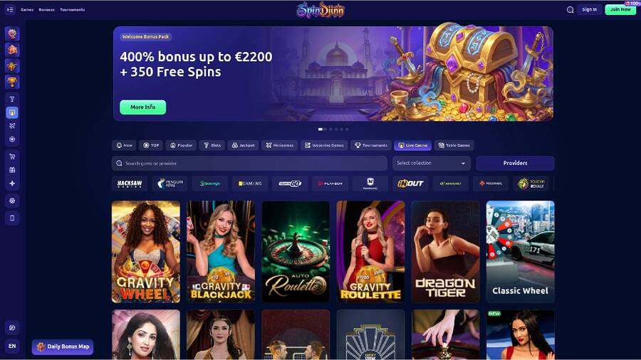Casino SpinDjinn para escritorio con crupier en vivo