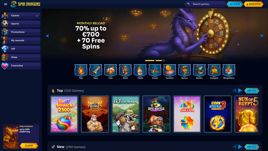 Página de inicio de escritorio del casino SpinDragons