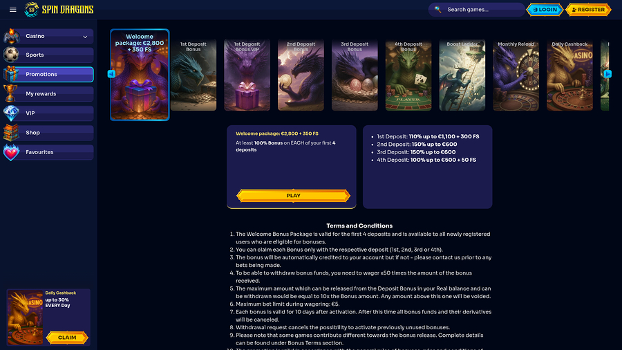 Promociones de escritorio del casino SpinDragons