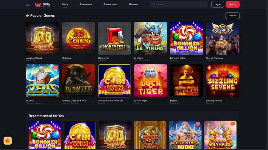 Games page screenshot of SpinEmpire Casino