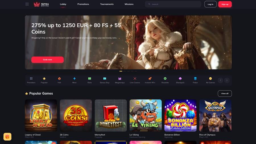 Homepage screenshot of SpinEmpire Casino