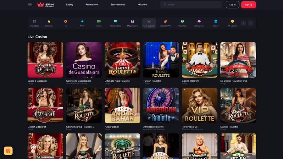 Live page screenshot of SpinEmpire Casino