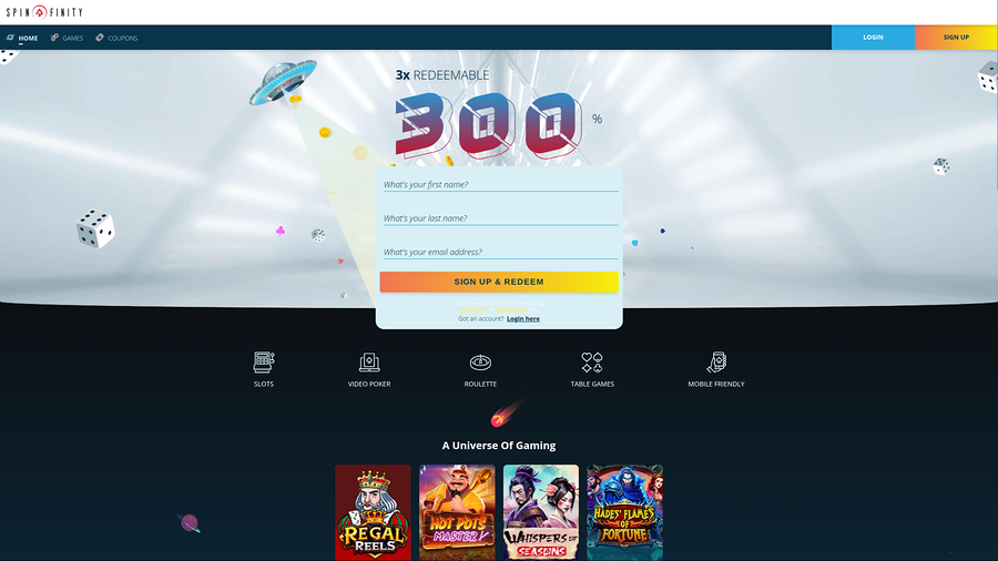 Spinfinity Casino Desktop Homepage