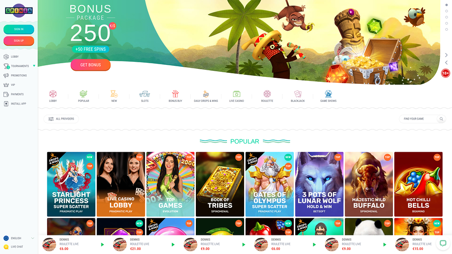 Spinia Casino Desktop Homepage