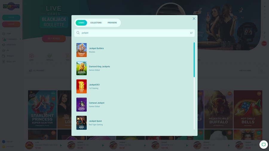 Spinia Casino Desktop Jackpot