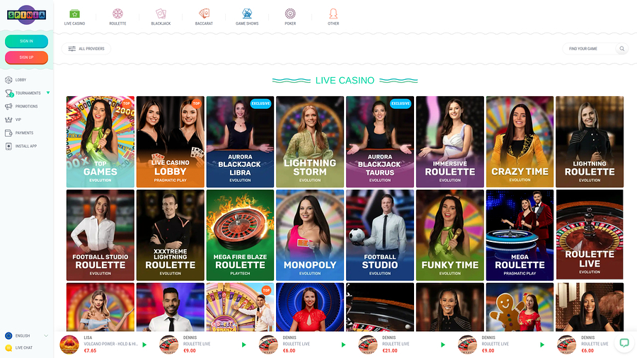 Spinia Casino Desktop Live Dealer