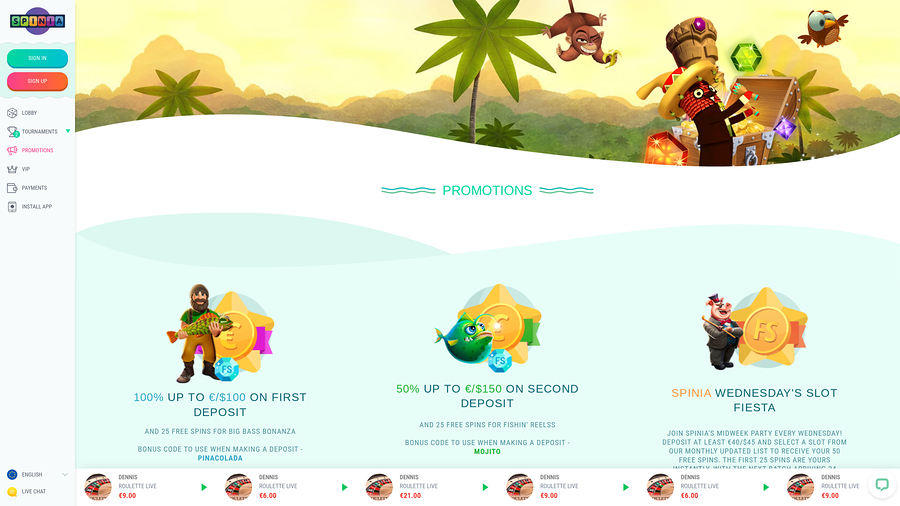 Spinia Casino Desktop Promotions