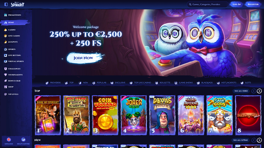 Página de inicio de Spinight Casino para escritorio
