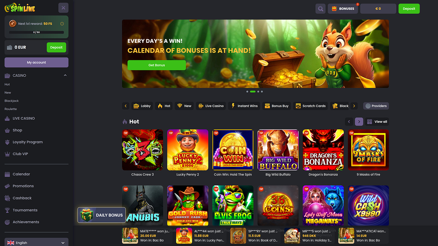 Spinline Casino Desktop Homepage