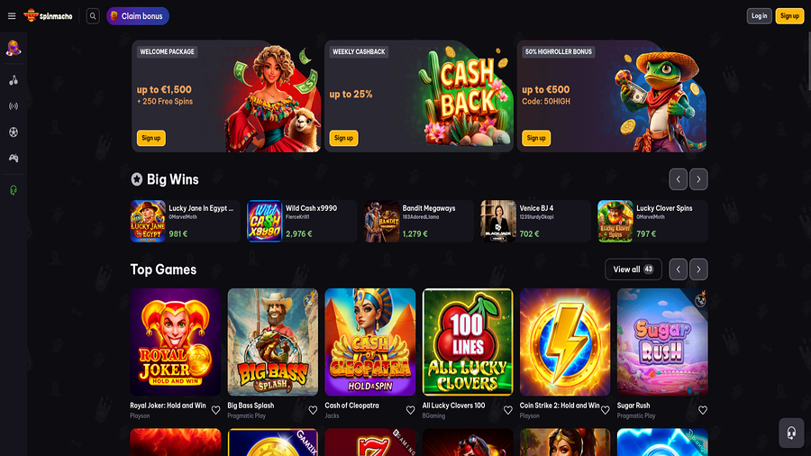 Captura de pantalla de la página de inicio de Spinmacho Casino para ordenador.