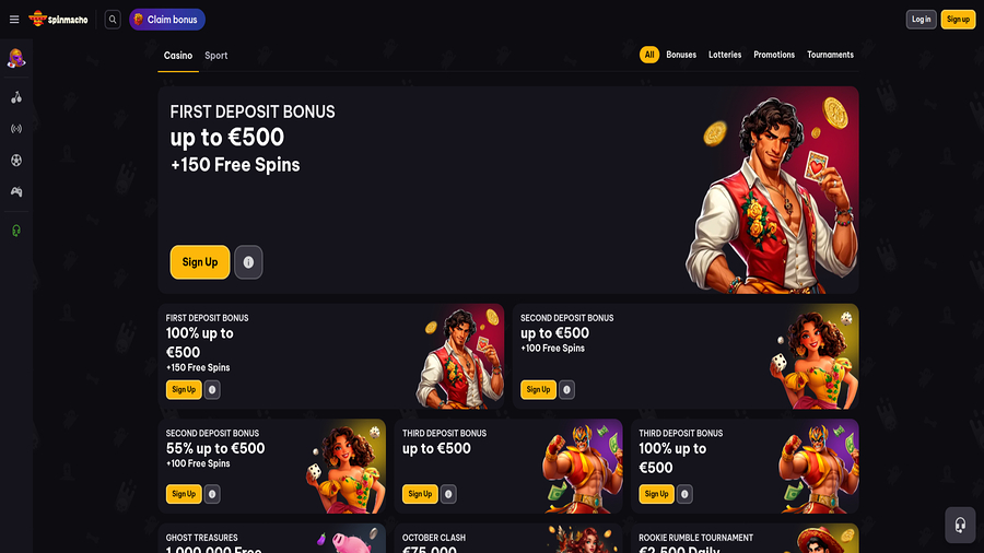 Captura de pantalla de las promociones de Spinmacho Casino para ordenador
