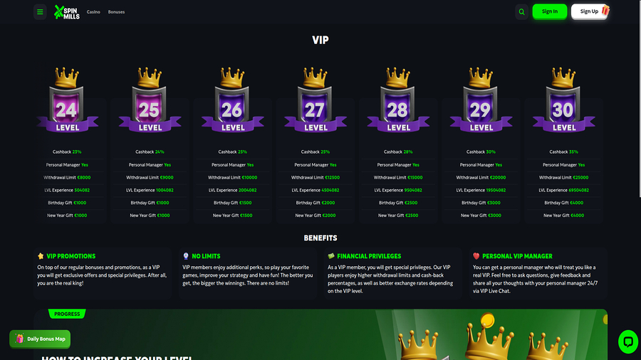 Screenshot of VIP Program of Spinmills Casino for Desktop