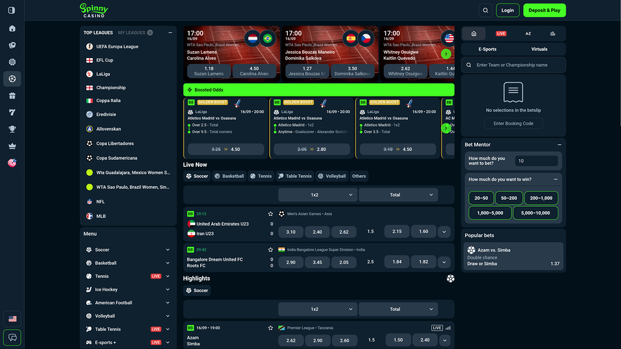 Spinny Casino Desktop Sports