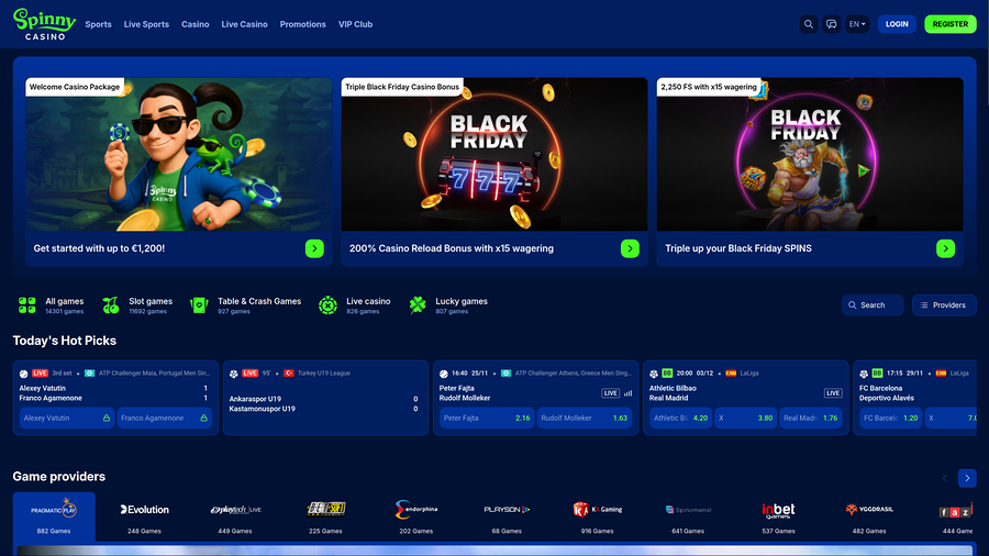 Página de inicio de Spinny Casino
