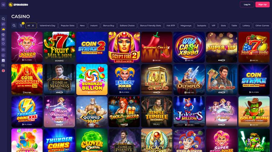 Captura de pantalla de la página de juegos de Spinorhino Casino