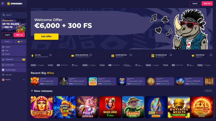 Captura de pantalla de la página de inicio de Spinorhino Casino