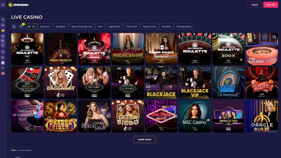 Captura de pantalla de la página en vivo de Spinorhino Casino