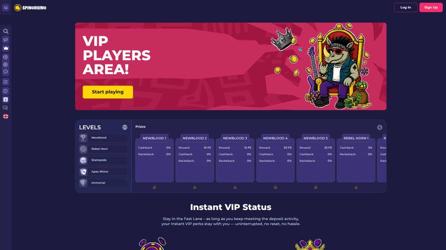 Captura de pantalla de la página VIP de Spinorhino Casino