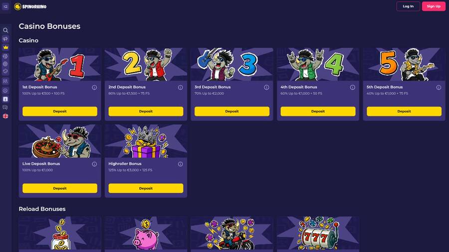 Captura de pantalla de la página de promociones de Spinorhino Casino