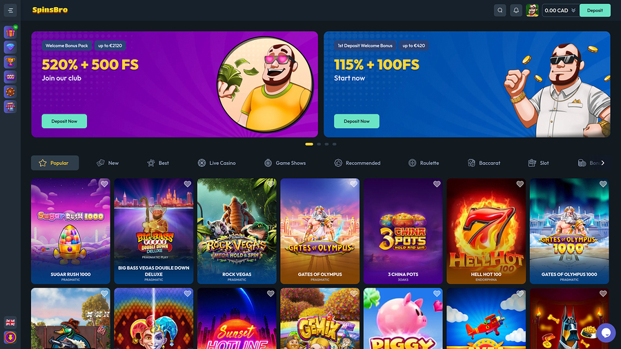 Spinsbro Casino Desktop Homepage
