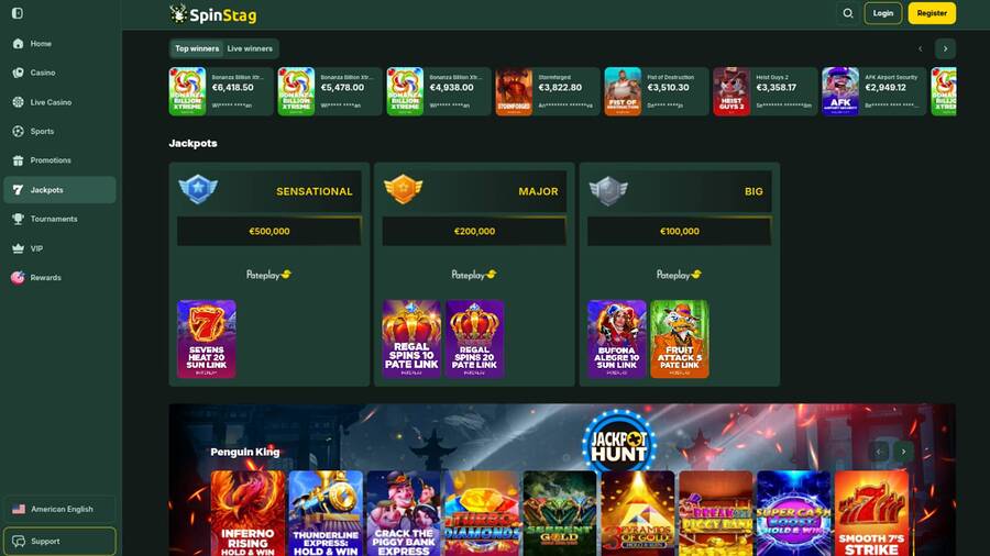 Captura de pantalla de la página del Jackpot del casino SpinStag