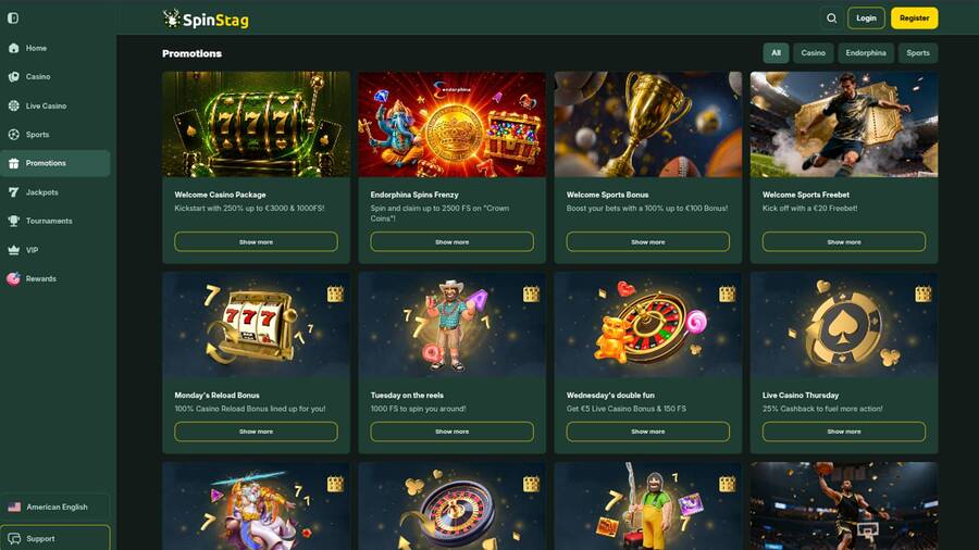 Captura de pantalla de la página de promociones del casino SpinStag