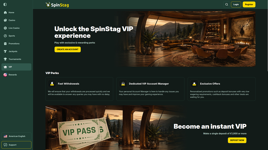 Captura de pantalla de la página VIP del casino SpinStag